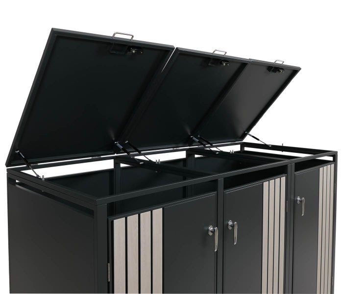 Mülltonnenbox mit drei Fächern und aufklappbaren Deckeln