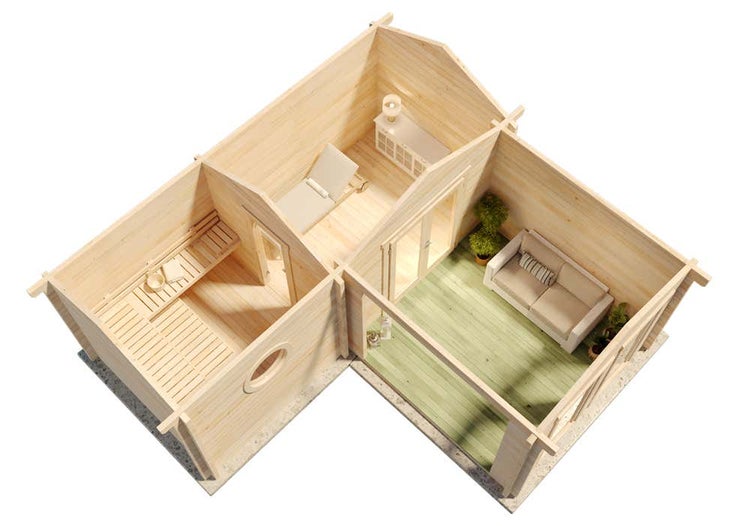 Vogelperspektive eines Gartenhauses aus Holz mit Sauna, Ruheraum inklusive Liege und einer Terrasse mit Sofa.