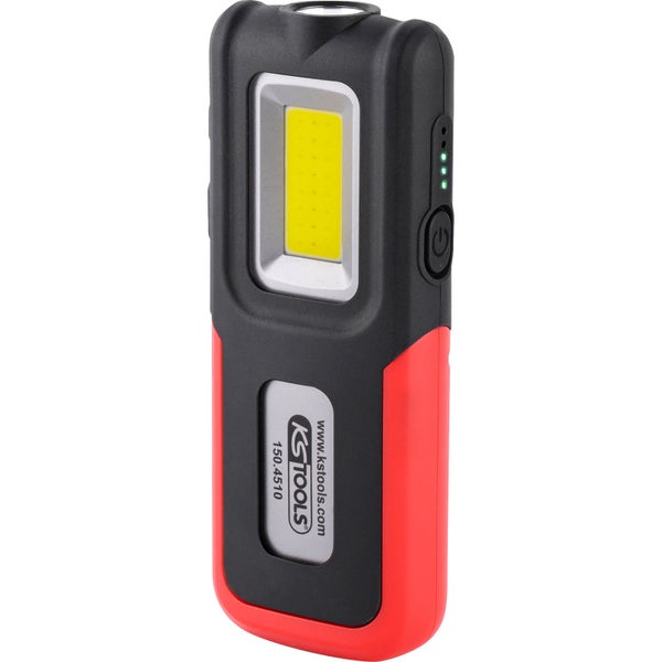 Rot-schwarze KS Tools LED-Arbeitsleuchte mit COB-Panel, Punktlicht an der Oberseite und Ladestandsanzeige.