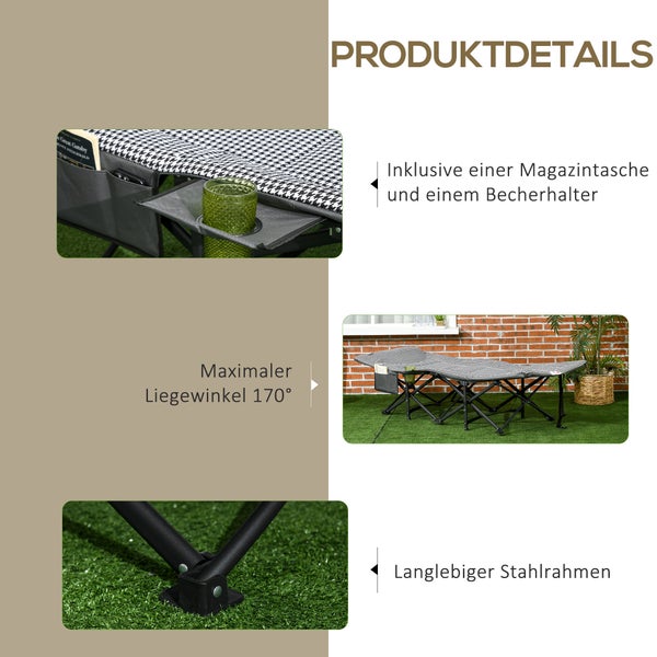 Outsunny Feldbett, mit Becherhalter, Tasche, bis 120 kg, für Balkon, Schwimmbad, 68 x 186 x 48cm, Stahl, PVC, PP, Schwarz