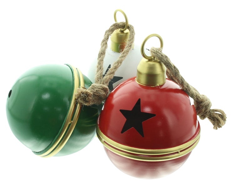 Set aus drei runden Metallglocken mit Sternausschnitt und Juteschnur zum Aufhängen als Weihnachtsbaumschmuck