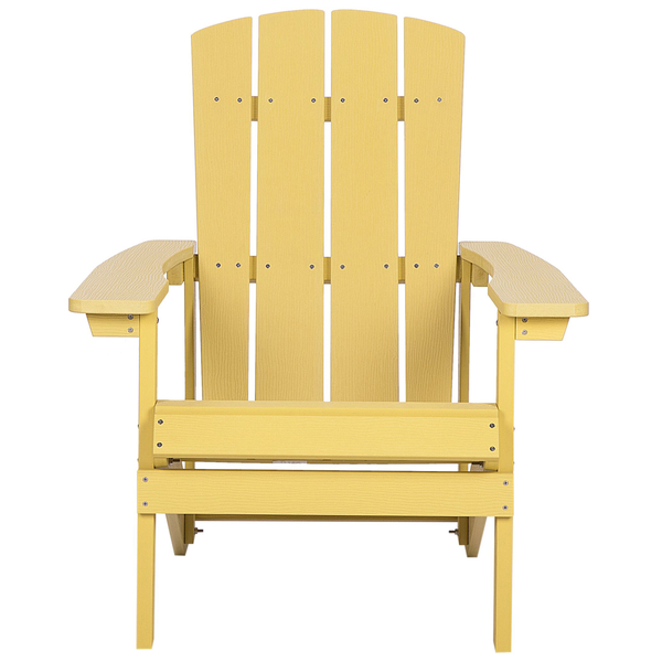 Ein gelber Adirondack Gartenstuhl aus Holz mit breiten Armlehnen und einer hohen Rückenlehne in klassischer Lattenoptik.