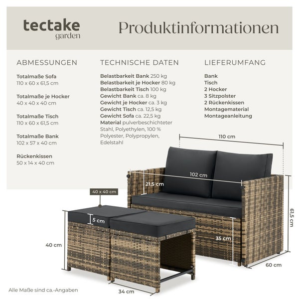 Infografik mit Abmessungen in Zentimetern und technischen Daten für ein Rattan Gartenmöbel Set bestehend aus Sofa und Hockern.