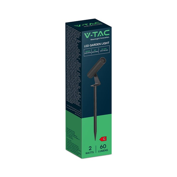 V-TAC LED Gartenleuchte Verpackung, 2 Watt, 60 Lumen, 30 Grad Abstrahlwinkel, warmweißes Licht, schwarzer Strahler mit Erdspieß.