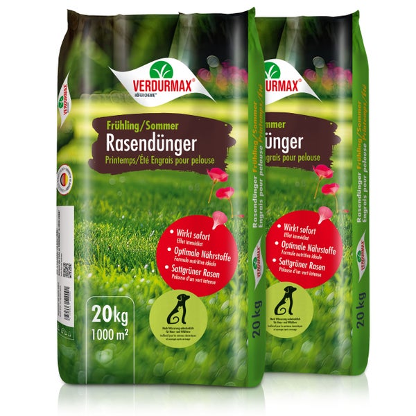 Zwei Säcke Frühlings- und Sommer-Rasendünger von Verdurmax, geeignet für 1000 Quadratmeter.