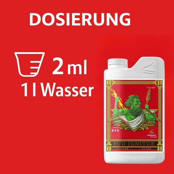Dosierung Bud Ignitor von Advanced Nutrients: 2 Milliliter auf 1 Liter Wasser.