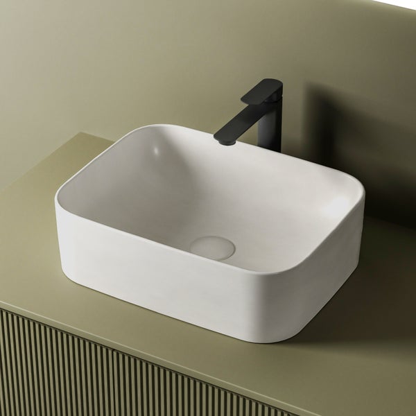 EMKE Aufsatzwaschbecken Keramik 505x380 mm, Mattweiß, Eckig, Pflegeleicht, Design Waschtisch, Handwaschbecken für Bad & Gäste-WC, Höhe 150 mm