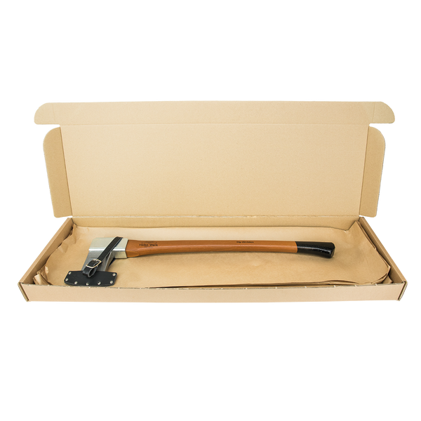 Helko Werk Spaltaxt mit Hickory Holzstiel in einer offenen Pappschachtel