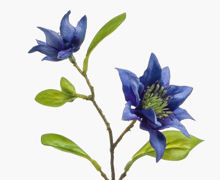 Künstliche blaue Clematis-Blüte mit grünen Blättern und braunem Stiel.
