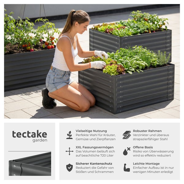 Frau gärtnert in einem Metall-Hochbeet auf einer Terrasse. Inklusive tectake garden Logo und Informationen zu XXL-Volumen und robustem Stahlrahmen.