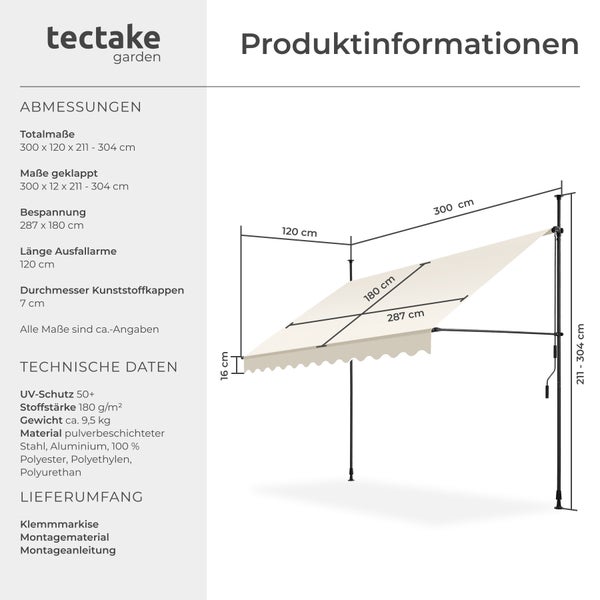 Klemmmarkise tectake  einfache Montage mit Handkurbel beige