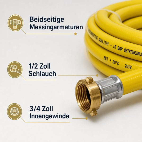 Wasserschlauch mit beidseitigen Messingarmaturen, 1/2 Zoll Schlauchdurchmesser und 3/4 Zoll Innengewinde Anschluss.