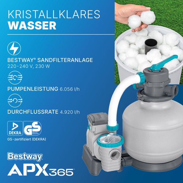 Bestway Sandfilter APX365, Filterbälle einfüllen, Pumpe 6056 Liter pro Stunde, Durchfluss 4920 Liter pro Stunde, Geprüfte Sicherheit. Bestway Logo.