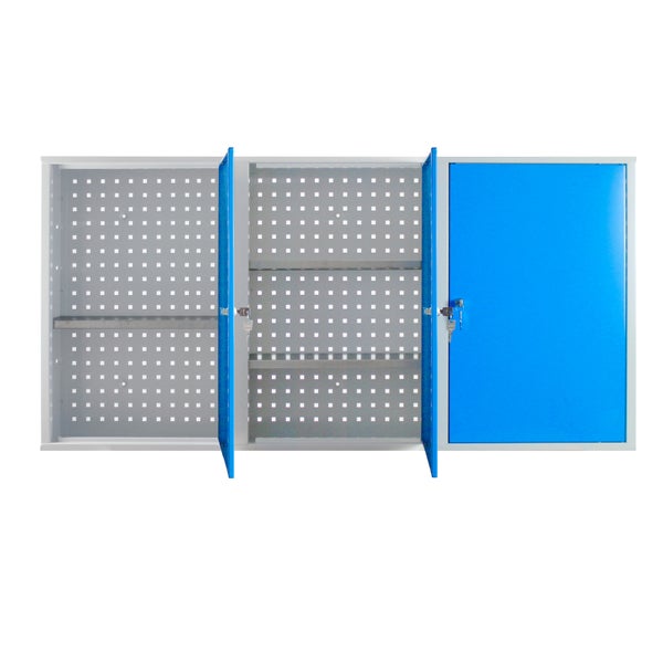 PROREGAL Werkzeugwandschrank mit 3 Türen 4 Fachboden HxBxT 75 x 150 x 20 cm Lichtgrau Blau