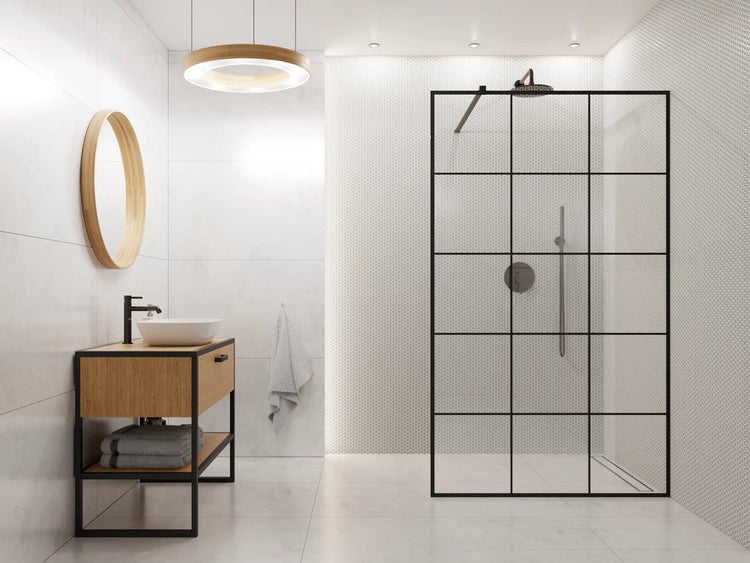 Badezimmer mit Waschbecken, Spiegelschrank und Duschkabine im modernen Stil