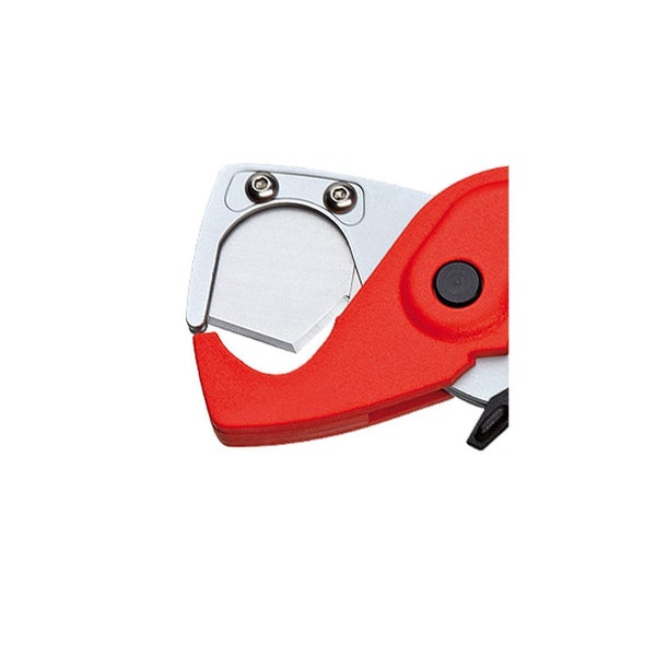 Nahaufnahme eines roten Rohrschneiderkopfes mit einer Metallklinge und einem robusten Kunststoffgehäuse.