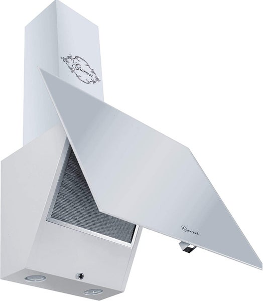 Weiße Wandhaube von Gurari, kopffreie Dunstabzugshaube aus Glas und Metall mit Beleuchtung und Gurari Logo.