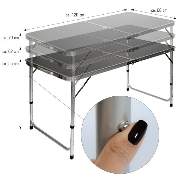 AMANKA klappbarer stabiler Campingtisch 120x60x70cm höhenverstellbar tragbar Kofferformat Aluminium Dunkel Grau