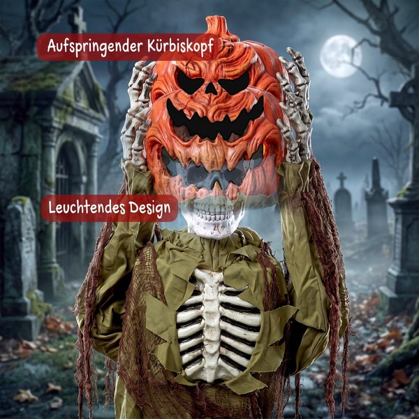 Animierte Skelett Halloween Dekoration mit aufspringendem Kürbiskopf und leuchtendem Design vor einem Friedhofshintergrund