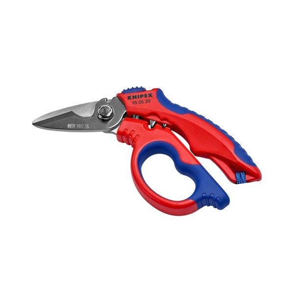 Knipex Elektrikerschere 95 05 20 aus rostfreiem Stahl mit rot und blau gefärbten ergonomischen Griffen.