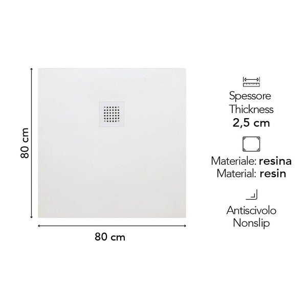 Quadratische Duschwanne aus Harz, Maße 80 mal 80 Zentimeter, Stärke 2,5 Zentimeter, rutschhemmende Oberfläche.