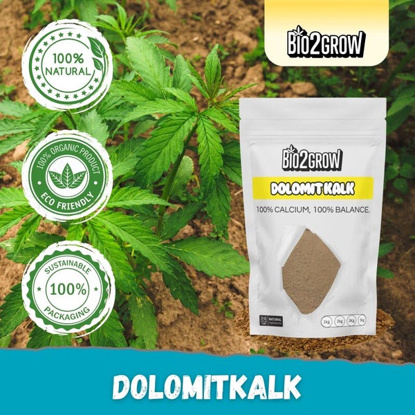 Bio2Grow Dolomitkalk Produktverpackung mit Siegeln für 100 Prozent natürlich, 100 Prozent organisches Produkt, umweltfreundlich und nachhaltige Verpackung