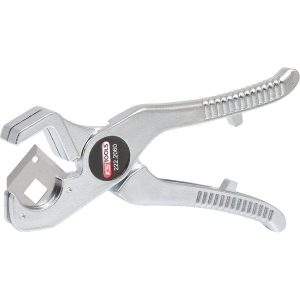 KS Tools Rohrabschneider aus Metall mit ergonomischen Griffen und Sicherheitswarnungen zum Schneiden von Kunststoffrohren.