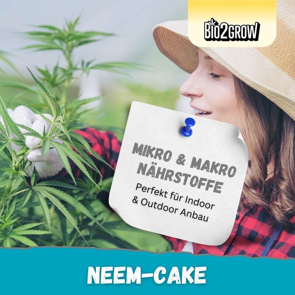 Frau mit Hut und Gartenkleidung, die eine Pflanze pflegt; Zettel mit dem Text Mikro- und Makronährstoffe, perfekt für den Indoor- und Outdoor-Anbau; Bio2Grow Logo.