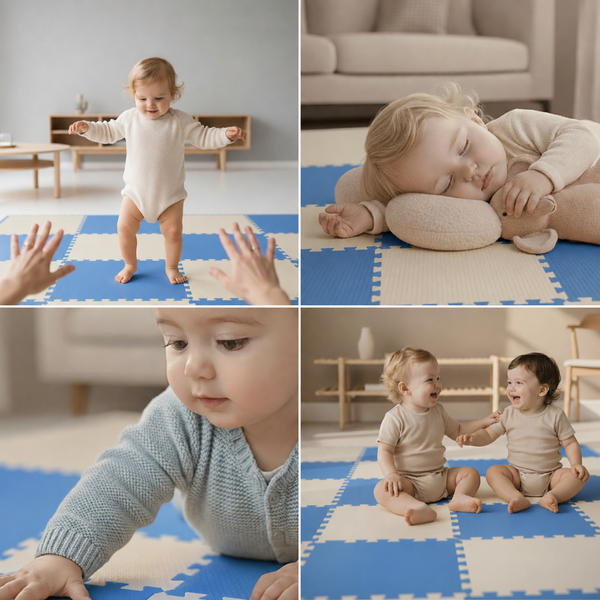 Vierteilige Collage zeigt Kleinkinder auf einer quadratischen Spielmatte für Kinder mit ineinandergreifendem Stecksystem in Innenräumen.