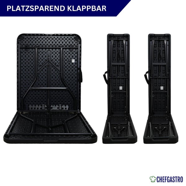 Klappbarer Buffettisch mit einer Tischfläche von 180 mal 75 Zentimeter in aufgestelltem und zusammengeklapptem Zustand. ChefGastro Logo.