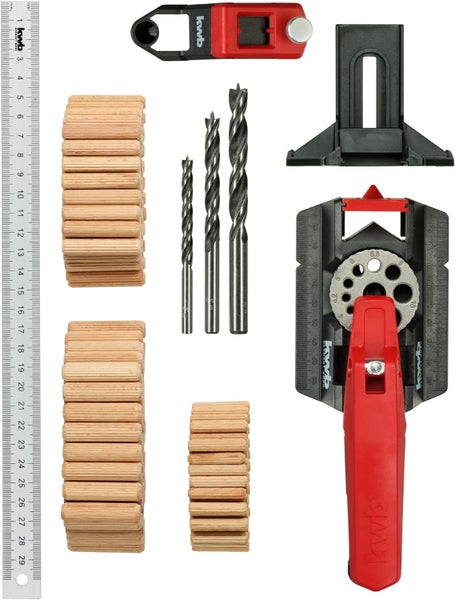 kwb Dübelhilfe/Dübellehre Set inkl. je 50 Dübel und 1 Bohrer 6, 8, 10 mm mit 30 cm, 3-12 mm Bohrlöcher inkl. Kernlochmaßen, Gerade Bohren in Holz, Metall, 153-teilig, Set mit Bohrern und Dübeln