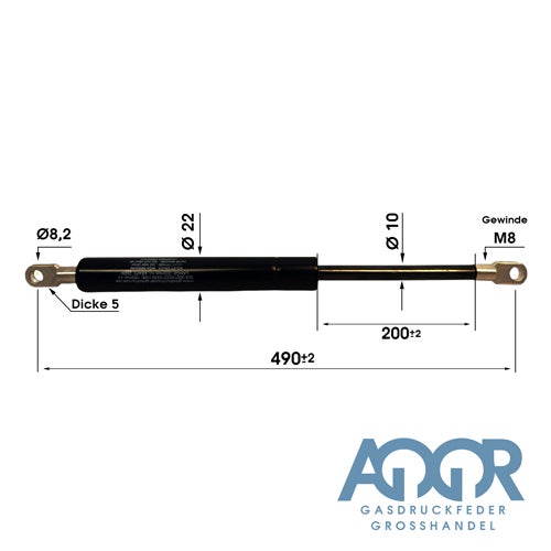 Gasdruckfeder mit 490 Millimeter Gesamtlänge, 200 Millimeter Hub, Durchmesser 22 und 10 Millimeter, Gewinde M8, ANOR Logo.
