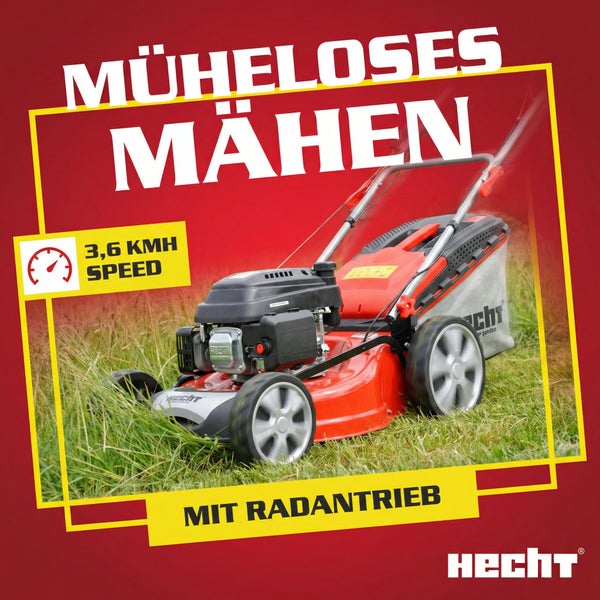 Hecht Rasenmäher mit Radantrieb im Einsatz auf einer Rasenfläche.