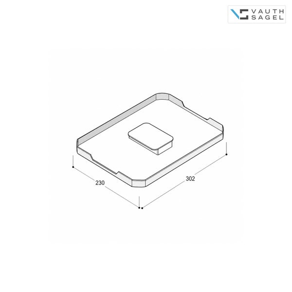 Deckel von Vauth Sagel, technische Zeichnung mit Maßen 230 mal 302 Millimeter, Vauth Sagel Logo.