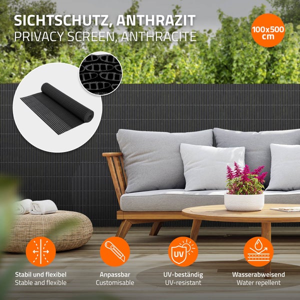 ECD Germany PVC Sichtschutzmatte 100x500 cm, Anthrazit, Sichtschutzzaun 3-Gewicht-Verstärkung, UV-beständig, Wasserdicht, Windschutz Balkonverkleidung Zaunblende Sichtschutz für Garten Balkon Terrasse