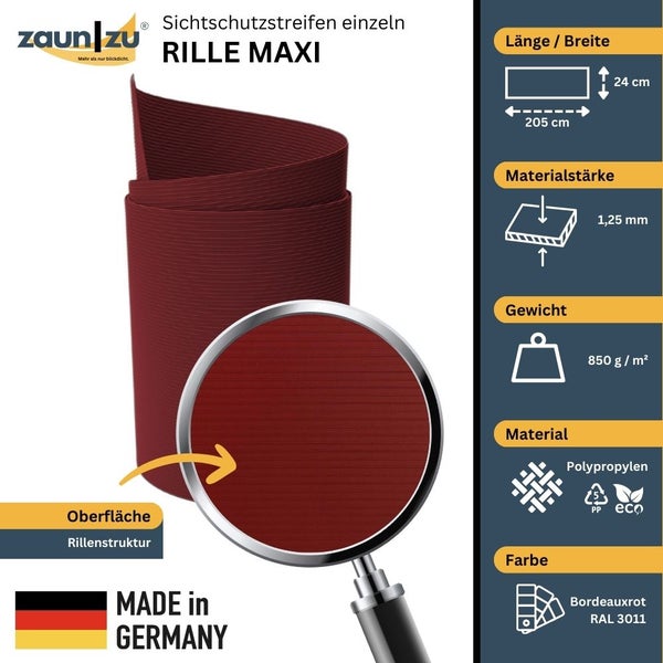 Zaun zu Sichtschutzstreifen Rille Maxi, Länge 205 cm, Breite 24 cm, Materialstärke 1,25 mm, Gewicht 850 Gramm pro Quadratmeter, Material Polypropylen, Farbe Bordeauxrot, hergestellt in Deutschland