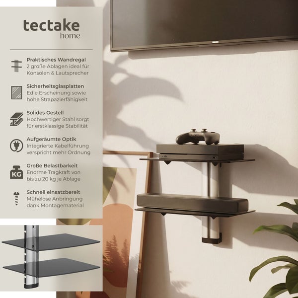 tectake home Logo. Wandregal mit zwei Sicherheitsglasplatten und Stahlgestell für Konsolen und Lautsprecher, belastbar bis 20 Kilogramm je Ablage.