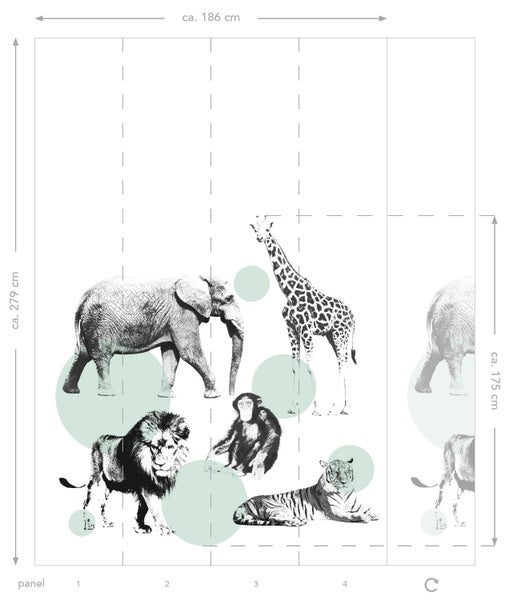 Fototapete mit Elefant, Löwe, Schimpanse, Tiger und Giraffe