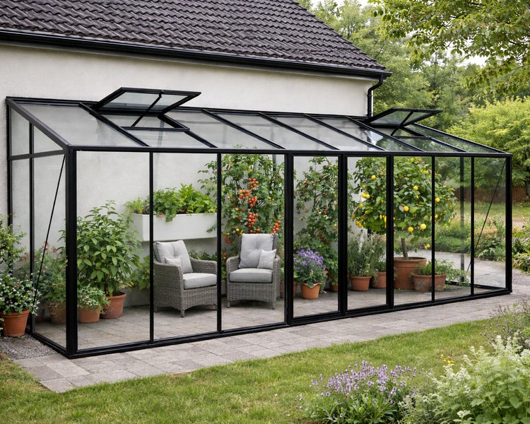Anlehn-Gewächshaus mit schwarzem Aluminiumrahmen und Glaselementen an einer Hauswand, bepflanzt und mit Sitzmöbeln ausgestattet.