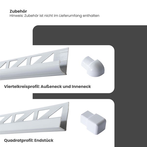Zubehör für Fliesenprofile bestehend aus Viertelkreisprofil mit Außeneck und Inneneck sowie Quadratprofil mit Endstück.