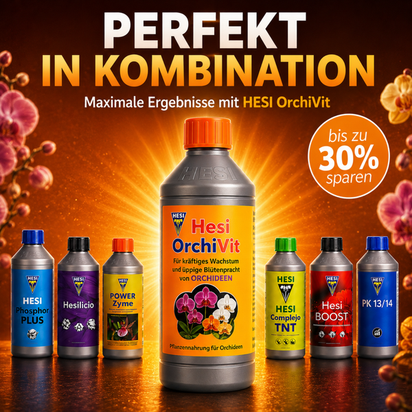 Werbebild für Hesi OrchiVit Orchideendünger mit weiteren Hesi Pflanzennährstoffen und Rabatthinweis.