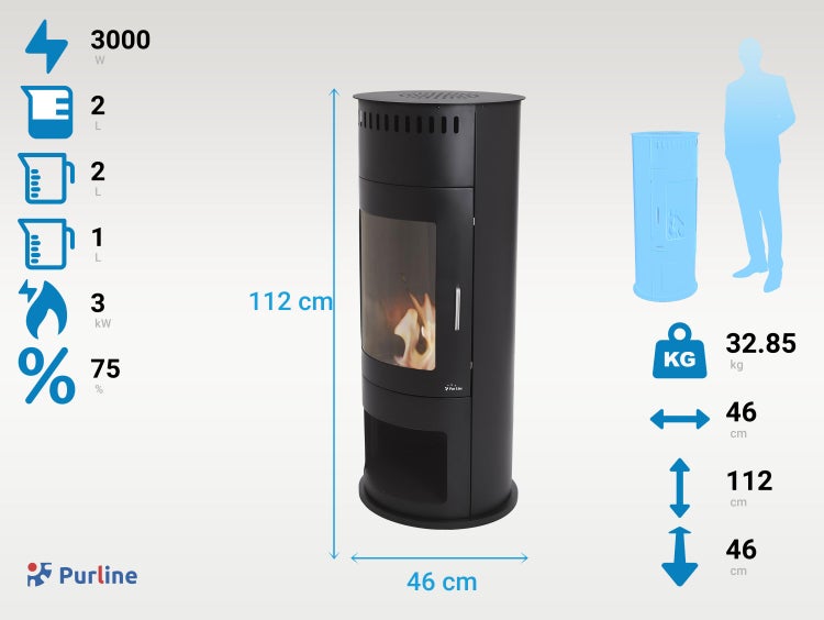 Purline Kaminofen mit den Maßen 46 x 112 x 46 cm und einem Gewicht von 32,85 Kilogramm