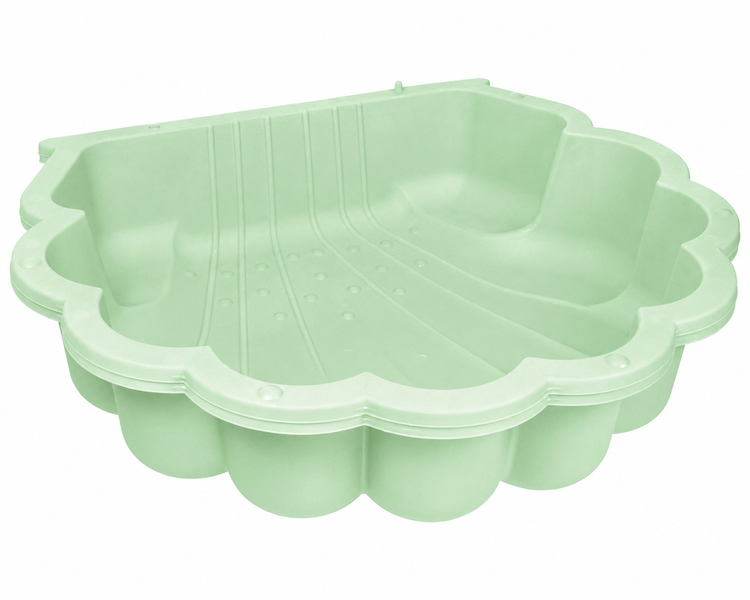 Hellgrüner Sandkasten und Planschbecken in Muschelform aus Kunststoff.