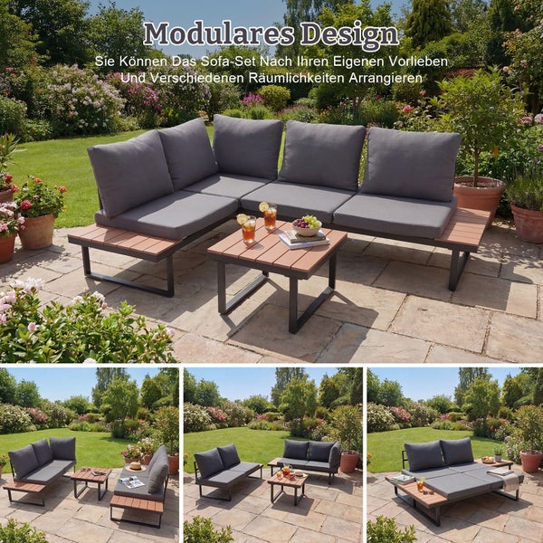 Modulare Gartenlounge mit grauen Polstern und Holzlatten auf einer Terrasse, variabel stellbare Sitzelemente und Beistelltisch im Garten.