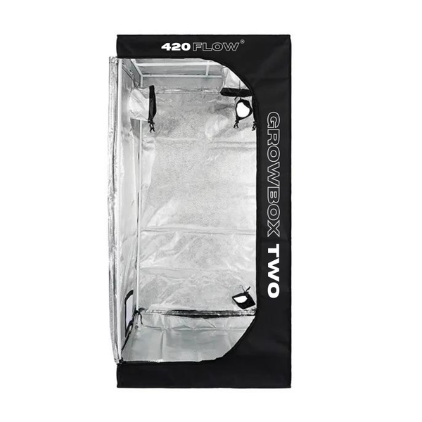 420 Flow Growbox Two Pflanzzelt für den Innenbereich mit reflektierender Innenbeschichtung und Metallgestänge.