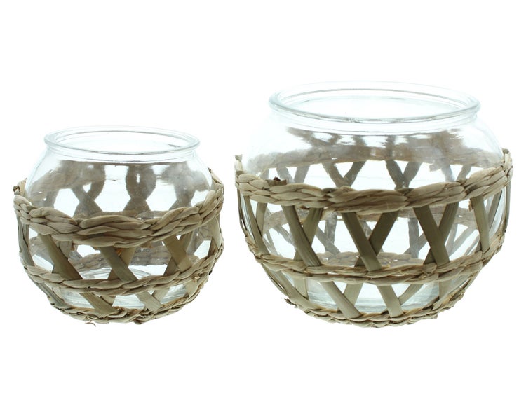 FRANK FLECHTWAREN | Windlicht Geflecht, 2er Set, GLAS, SEEGRAS, 12,5 x 12,5 x 10 cm, 15,5 x 15,5 x 12,5 cm