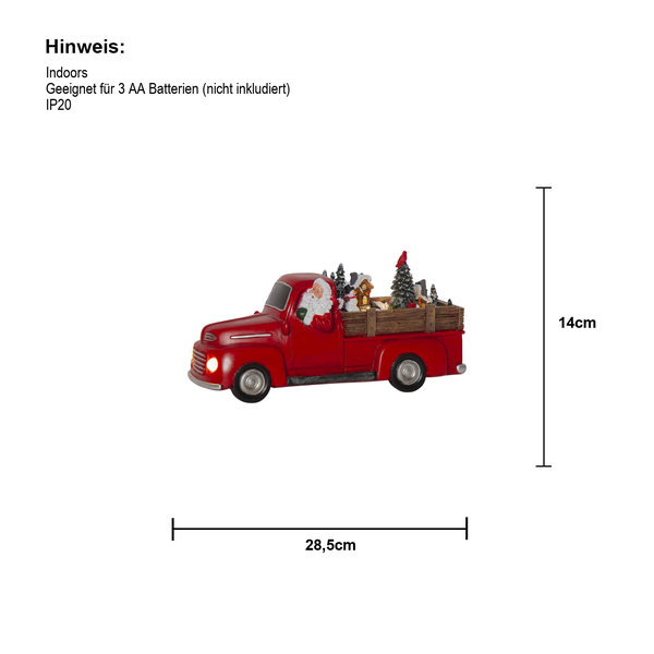 Dekorative rote Truck-Figur mit Weihnachtsmann und Weihnachtsmotiv, geeignet für den Innenbereich, circa 28,5 cm breit und 14 cm hoch