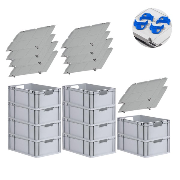 PROREGAL Spar Set 10x Eurobox Nextgen Economy Mit Auflagedeckel & 4x Schiebeschnappverschlüsse Blau Griffe Offen HxBxT 22 x 40 x 60 cm 44 Liter
