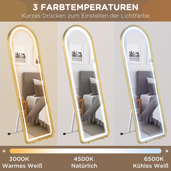 HOMCOM Ganzkörperspiegel, Wandspiegel mit Ständer, Standspiegel mit LED-Leuchte, Dimmbar Garderobenspiegel mit Touch-Schlater, für Wohnzimmer, Schlafzimmer, 151,5 x 50 x 4 cm, Aluminium, Gold