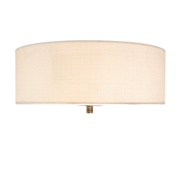 Deckenleuchte mit rundem Textilschirm aus beigem Stoff und metallischem Abschluss an der Unterseite.